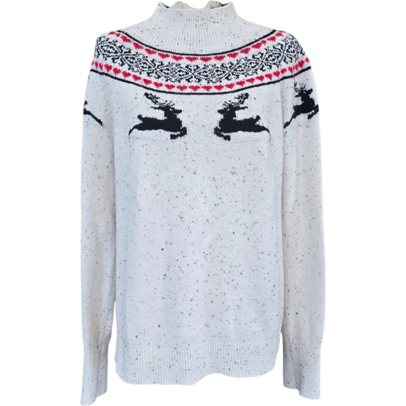 LOFT Sweaters - Loft Fair Isle Reindeer Winter White Mock Neck Long Sleeve Knit Sweater L